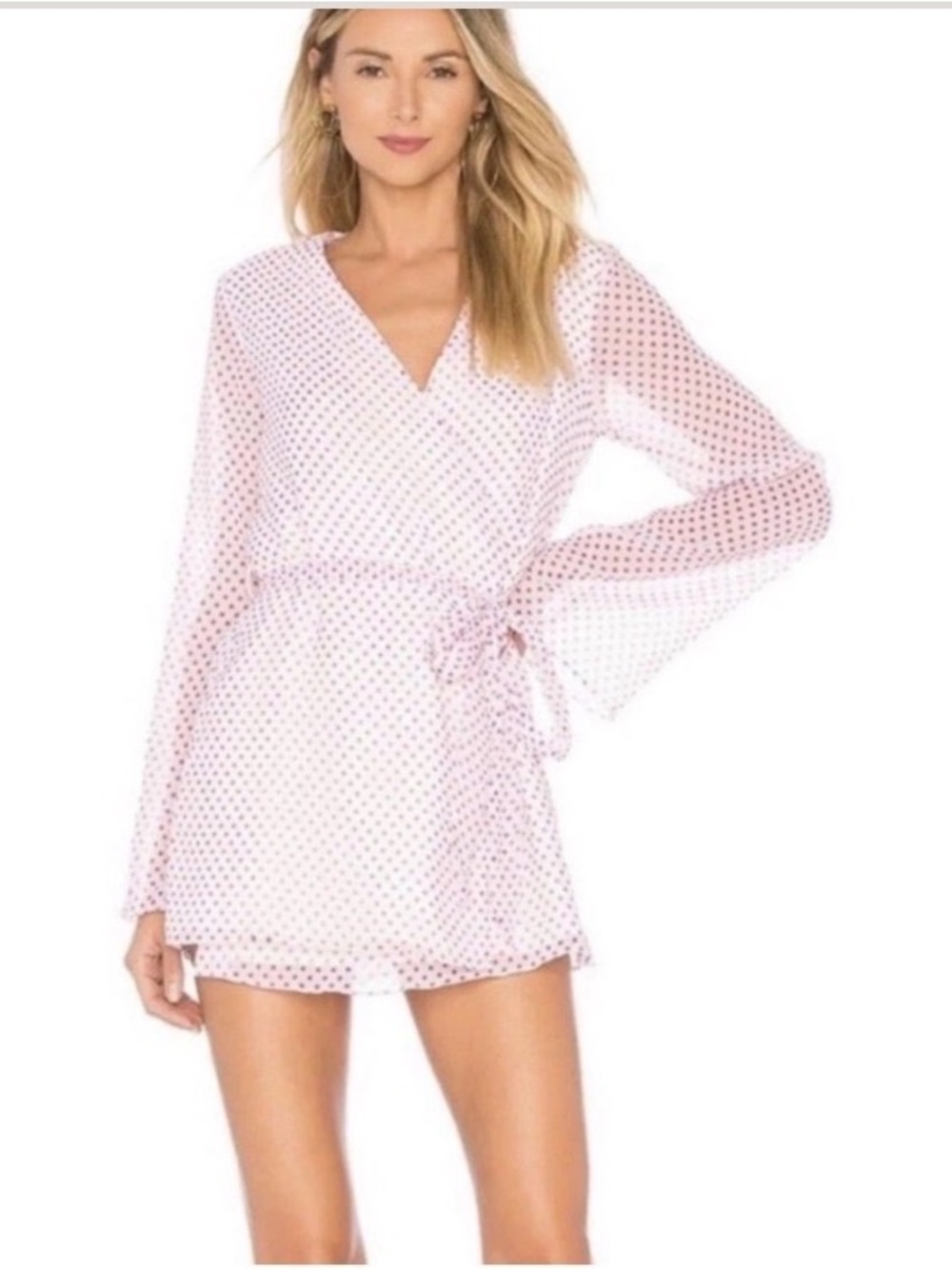 Lovers +‎ Friends Maggie Wrap Mini Dress Pink White Polka Dot Long Sleeve NWT XS